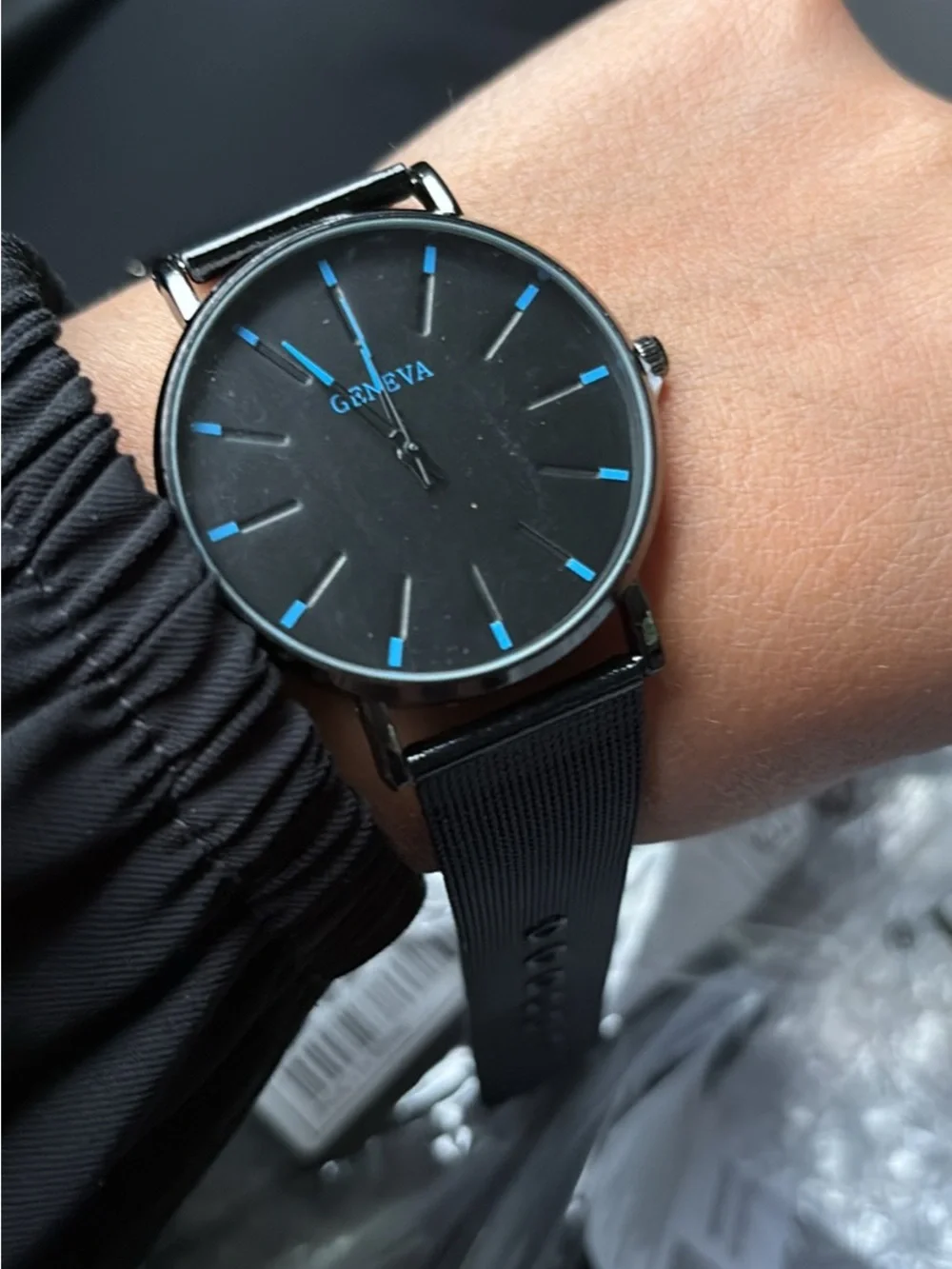 Geneva Men's Black Watch with Blue Accents
